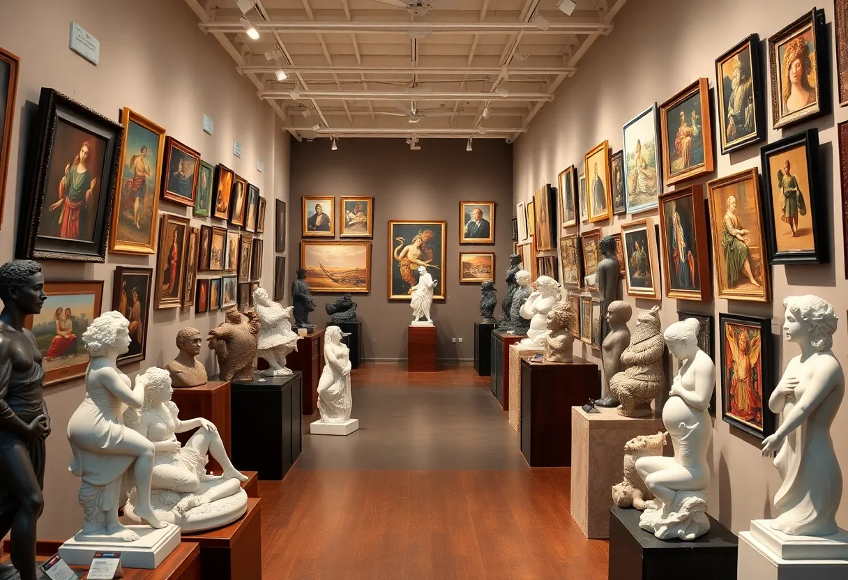 Interior view of the new Exhibits Gallery showcasing diverse sculptures.