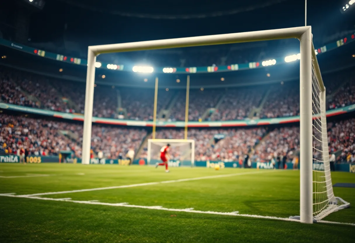 Falcons stadium during a game, with field goal post in focus.