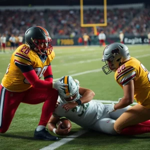 Football players from the Atlanta Falcons and Minnesota Vikings dealing with injuries on the field.