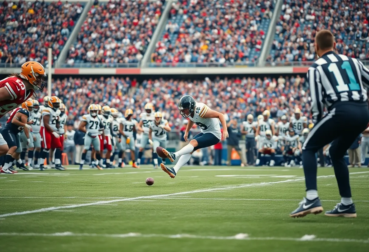 Kicker attempting a field goal on the football field