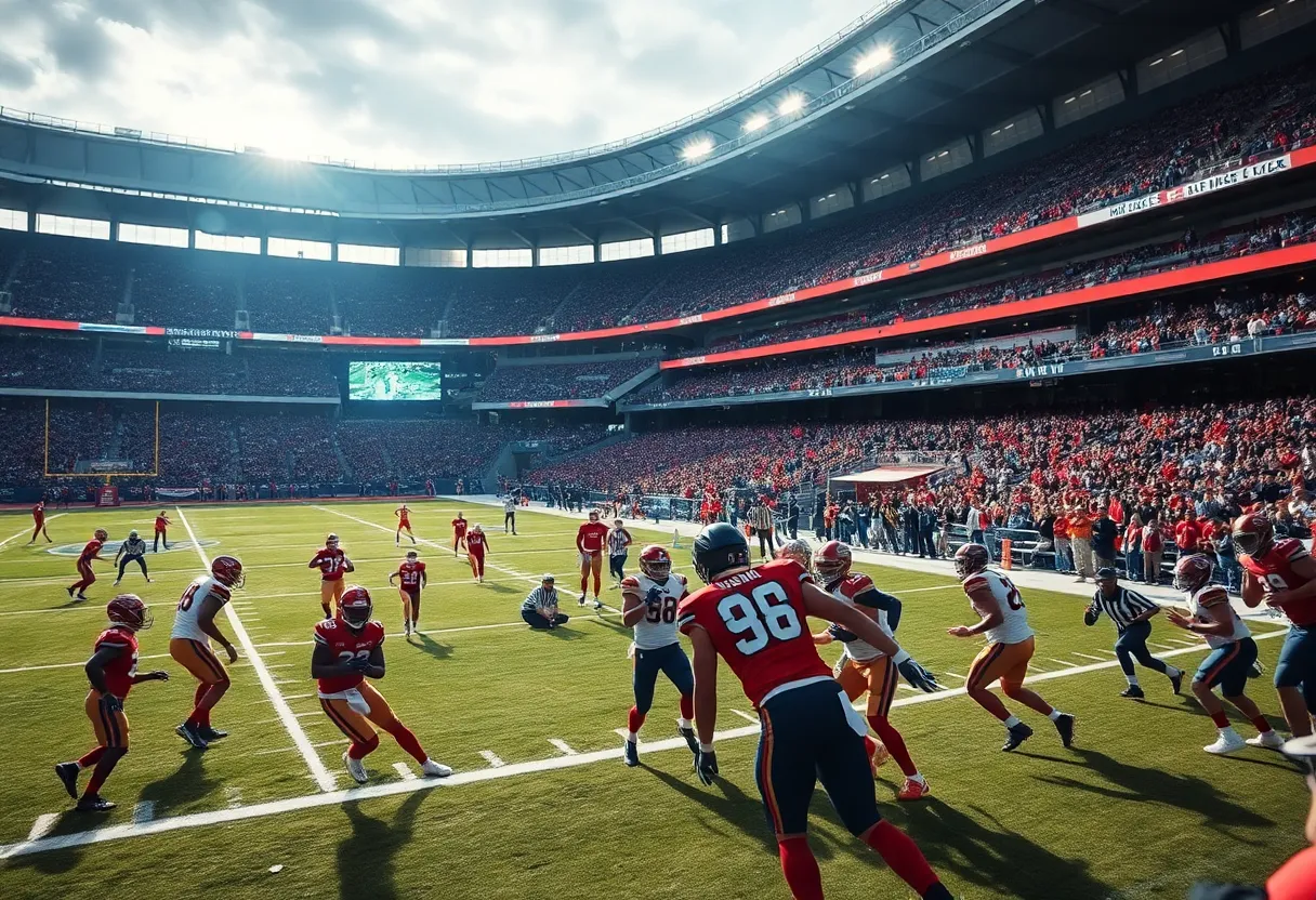 Action scene from Falcons vs Vikings game showcasing the players in motion.