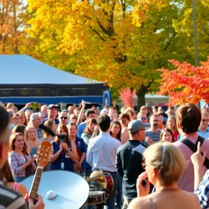 Audience enjoying a concert in the fall with autumn colors