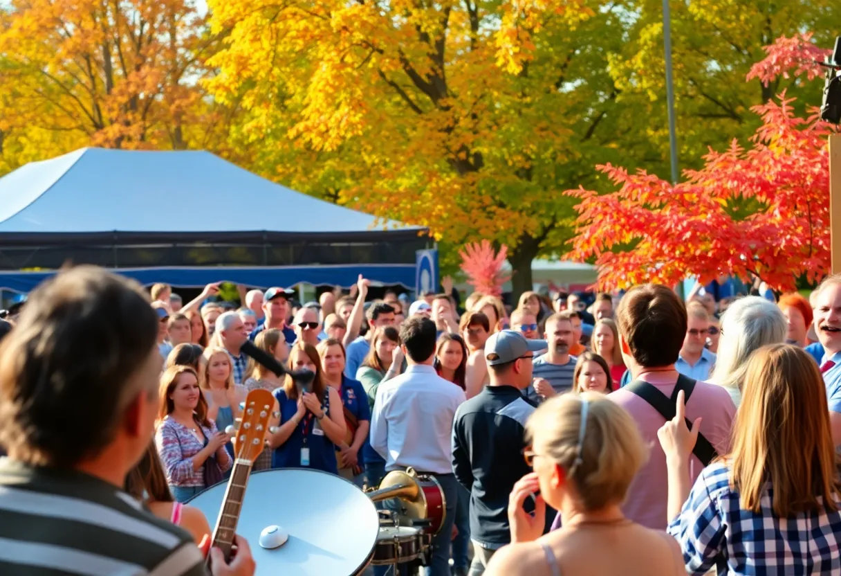Audience enjoying a concert in the fall with autumn colors