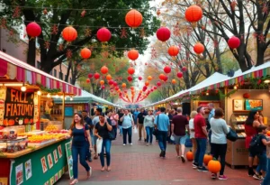 People enjoying fall festivals in Atlanta with food, music, and art displays.