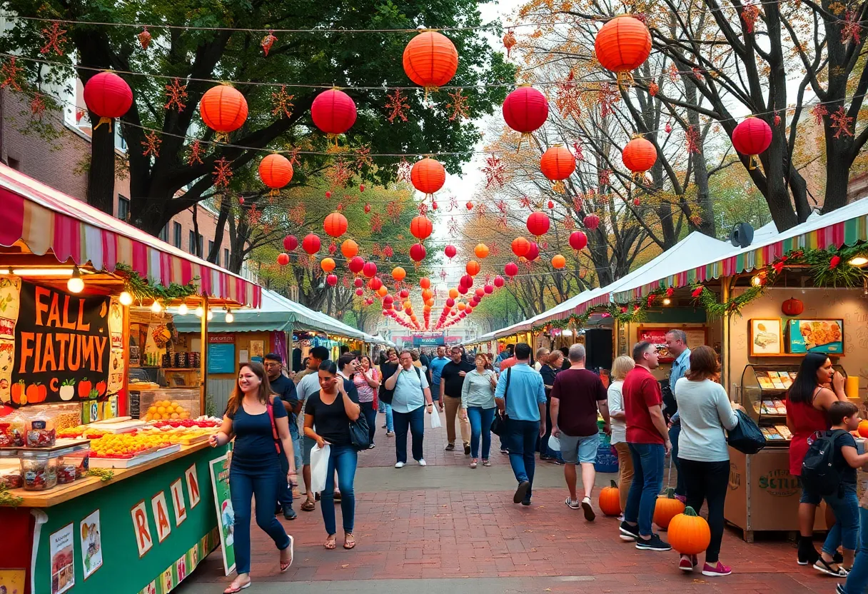People enjoying fall festivals in Atlanta with food, music, and art displays.