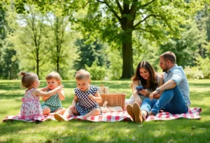 Family having a picnic in a stroller-friendly park in Atlanta