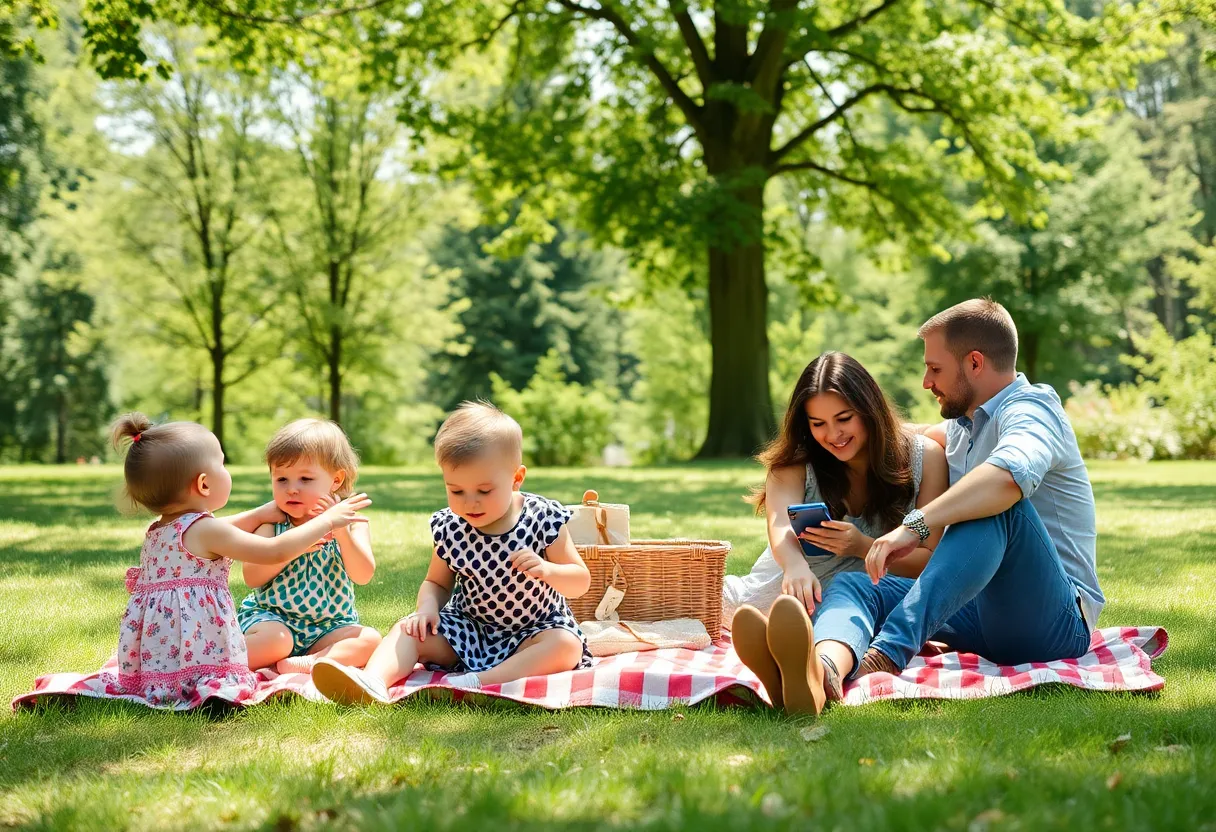Family having a picnic in a stroller-friendly park in Atlanta