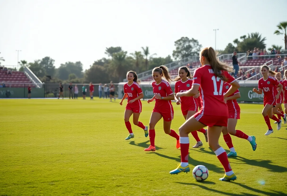 FGCU women's soccer team competing in a match against the Florida Gators.