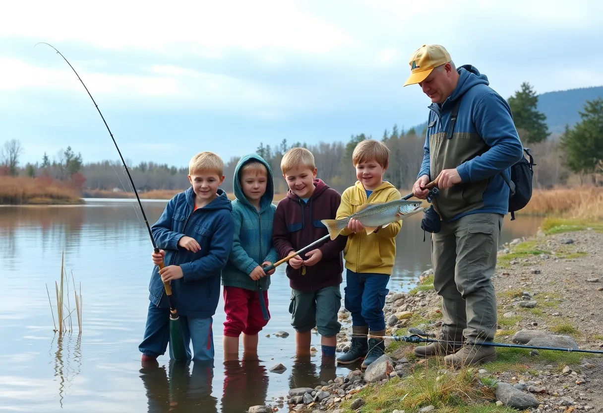 Boys fishing with mentors in a pond in Atlanta