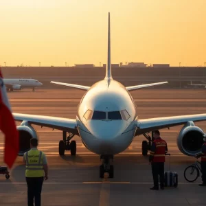 Chatered flight preparing for departure with workers aboard