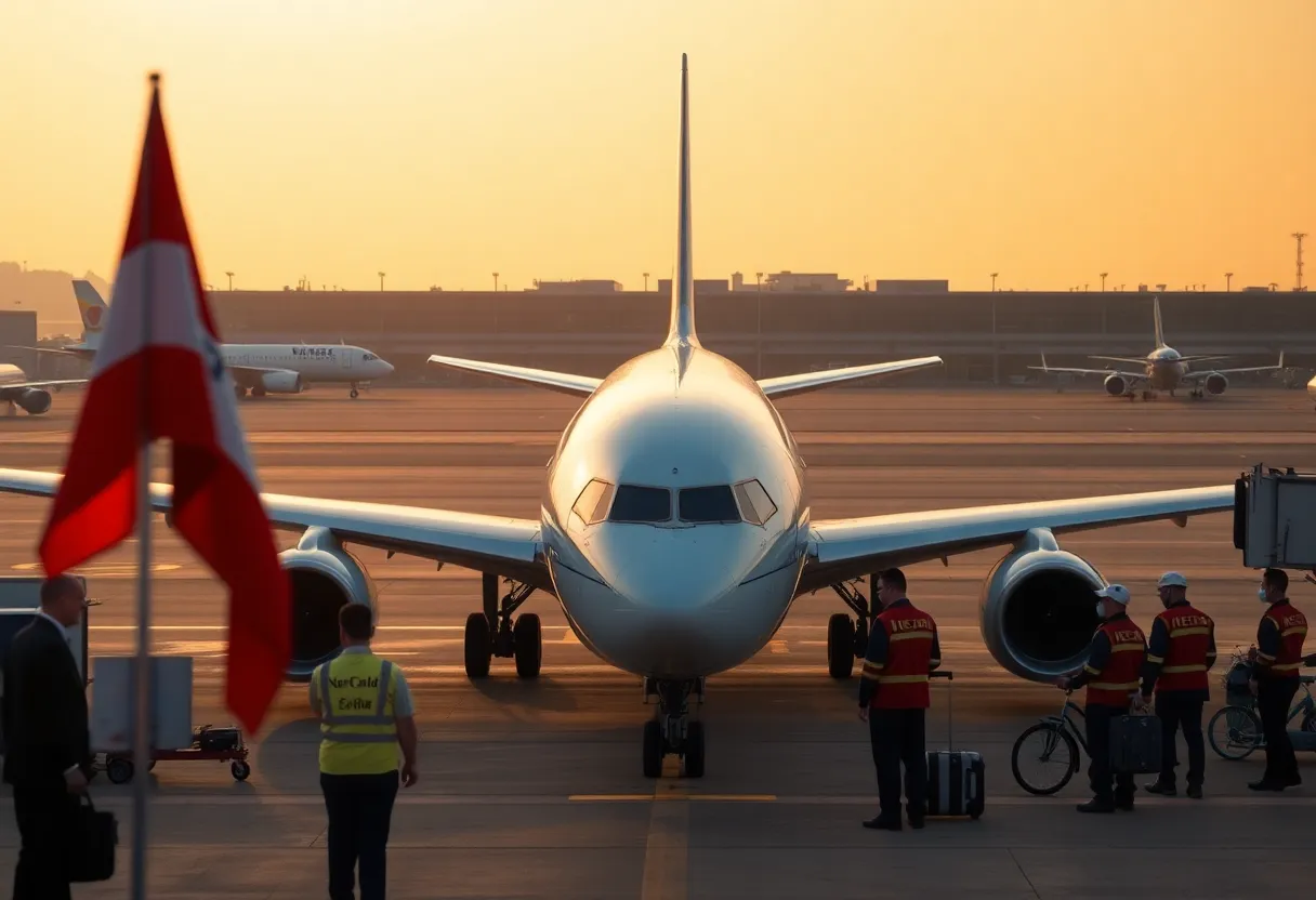 Chatered flight preparing for departure with workers aboard