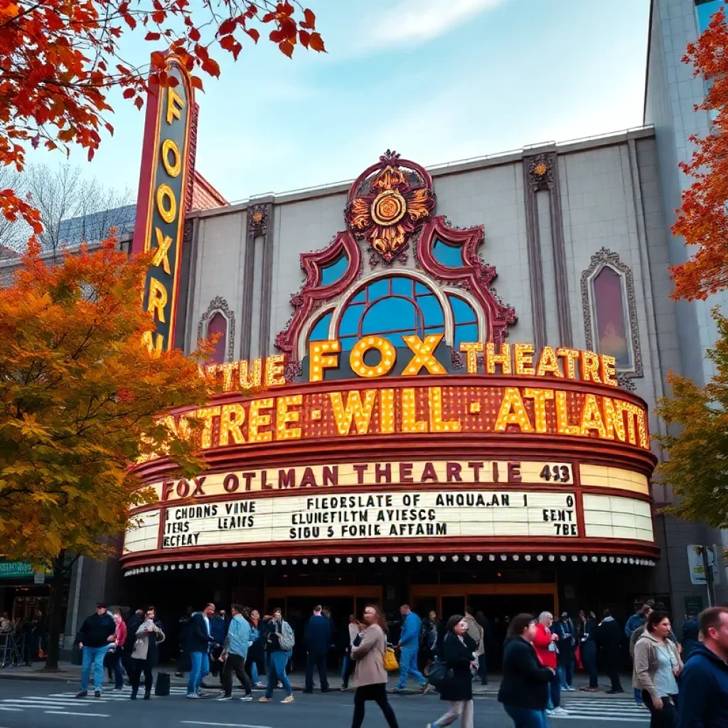 Fox Theatre in Atlanta surrounded by autumn leaves and people