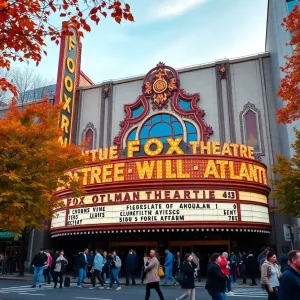 Fox Theatre in Atlanta surrounded by autumn leaves and people
