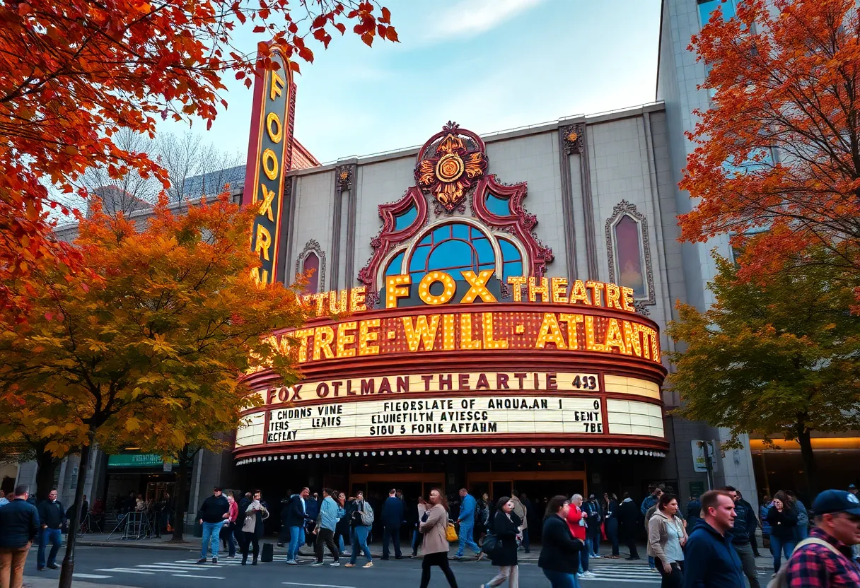 Fox Theatre in Atlanta surrounded by autumn leaves and people