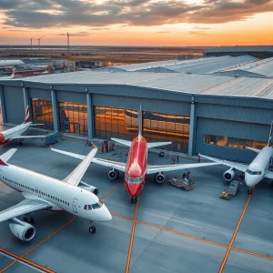Aerial view of a modern aerospace facility