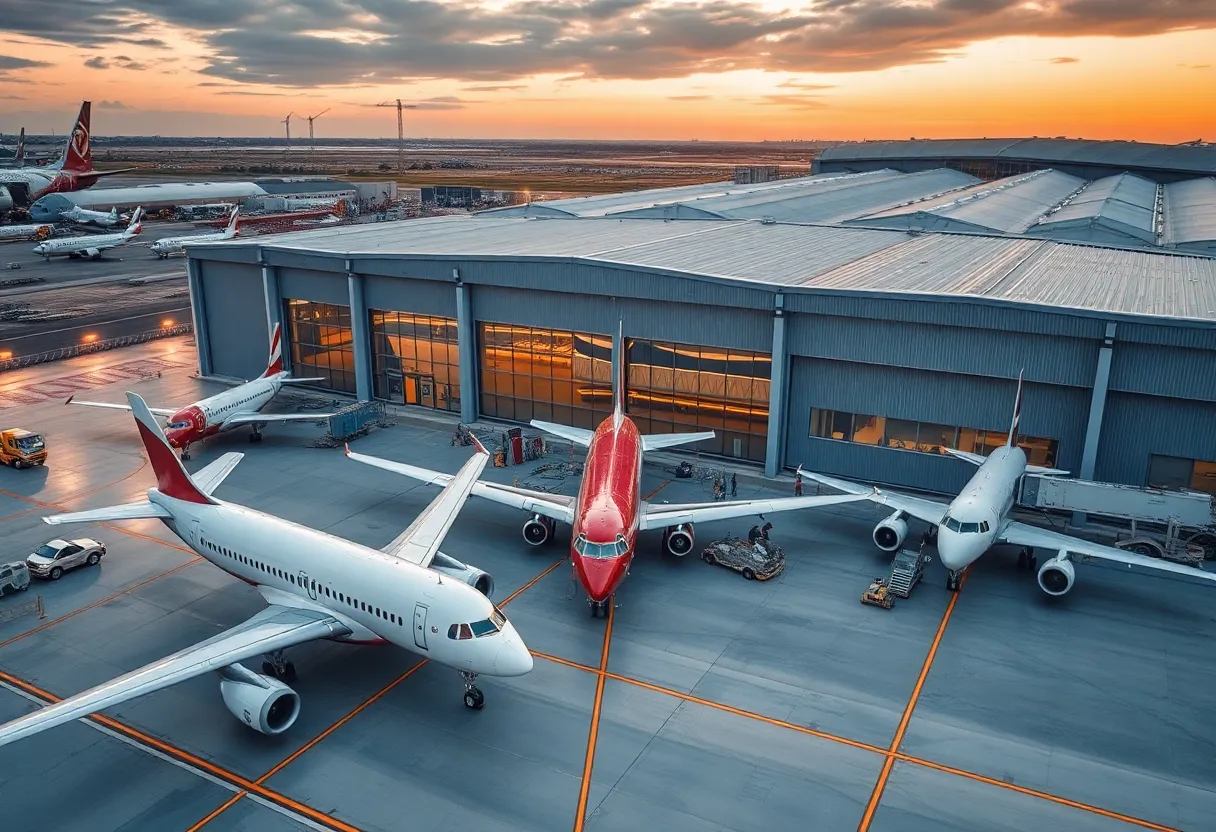 Aerial view of a modern aerospace facility