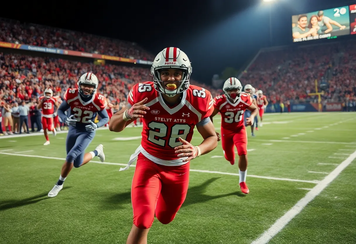 Football players celebrating a victory during a college football game
