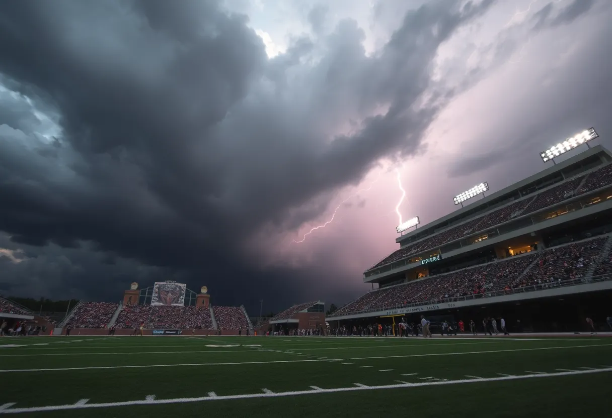 Georgia Tech football stadium with stormy weather