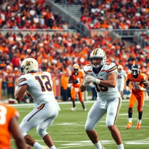 Georgia Tech football team celebrating after winning against Clemson