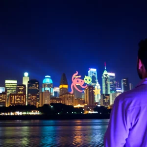 City skyline illuminated by a giant light projection