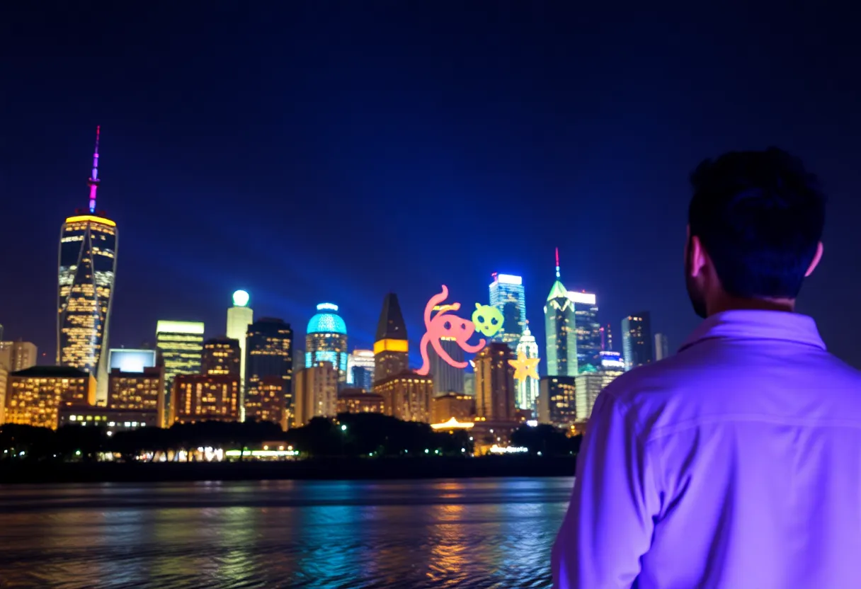 City skyline illuminated by a giant light projection