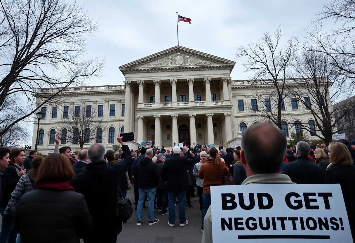 Federal workers outside a government building expressing concern about a potential shutdown