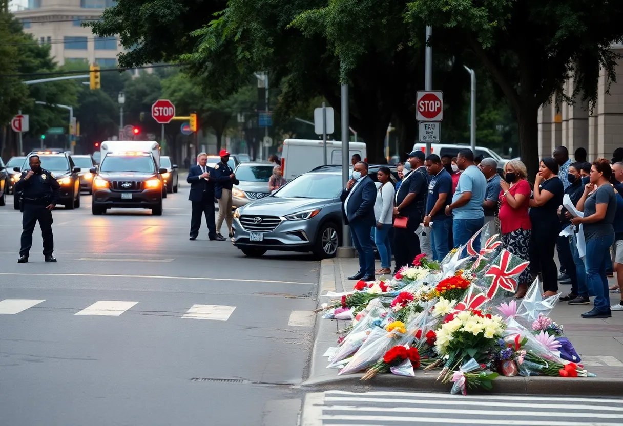 Neighborhood scene in Atlanta showcasing police presence and community, signifying recent gun violence investigation.