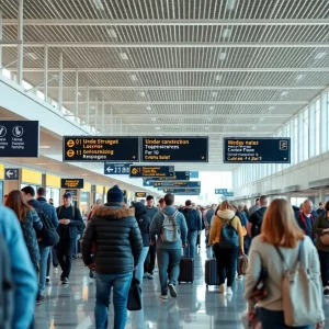 Travelers navigating a busy Hartsfield-Jackson Atlanta Airport amidst construction and unclear signage.