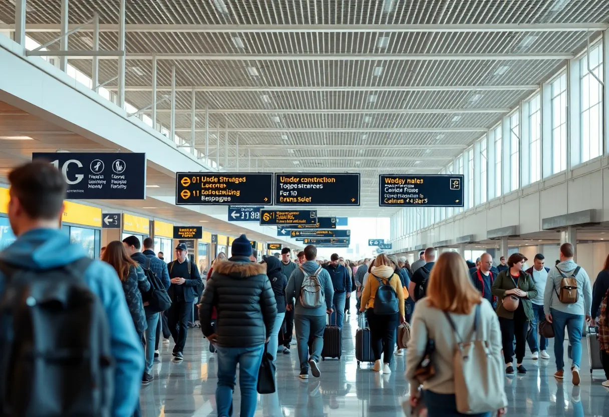 Travelers navigating a busy Hartsfield-Jackson Atlanta Airport amidst construction and unclear signage.