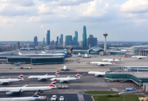 Aerial view of Hartsfield-Jackson International Airport with active runways and terminals.