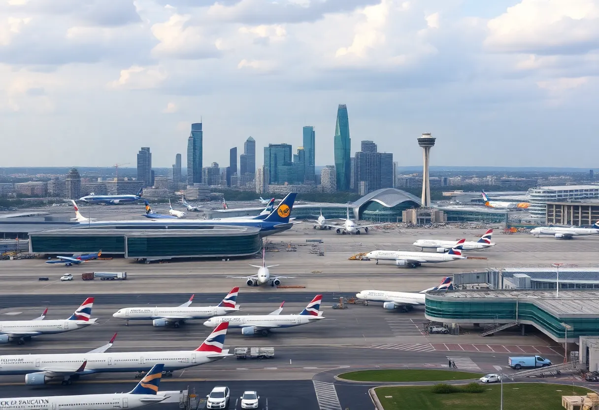 Aerial view of Hartsfield-Jackson International Airport with active runways and terminals.