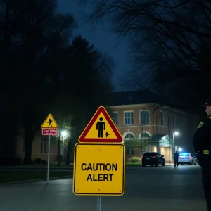 Police presence and caution signs on an HBCU campus during lockdown