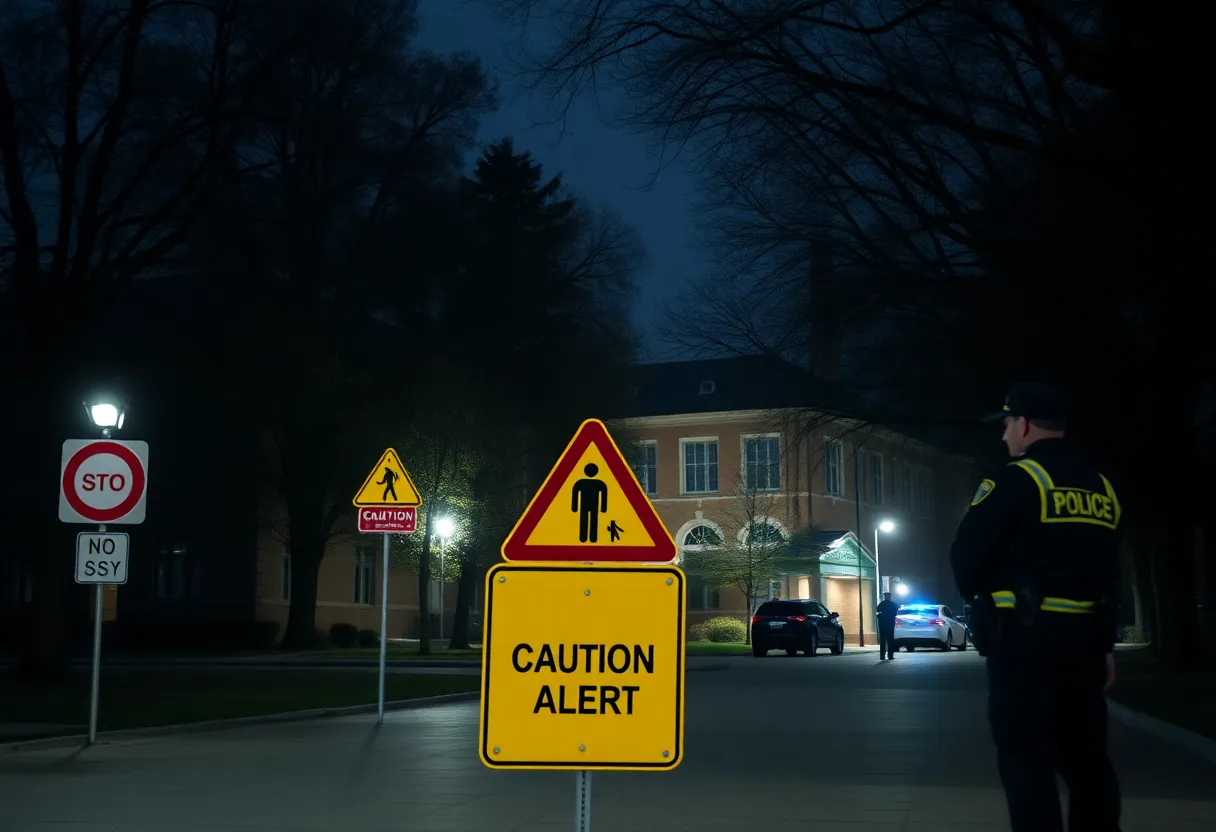 Police presence and caution signs on an HBCU campus during lockdown