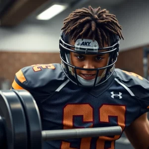 Young football player training in weight room