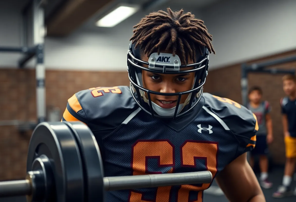 Young football player training in weight room