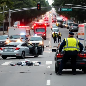 Scene of a tragic hit-and-run accident in Atlanta with police and emergency responders.