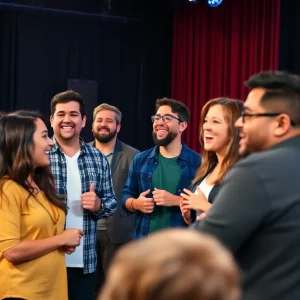 A lively improv comedy show featuring multiple performers on stage in Atlanta.