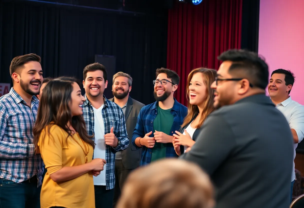 A lively improv comedy show featuring multiple performers on stage in Atlanta.