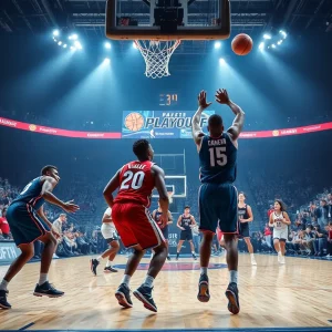 Basketball players competing fiercely in a playoff game between Indiana Fever and Atlanta Dream.