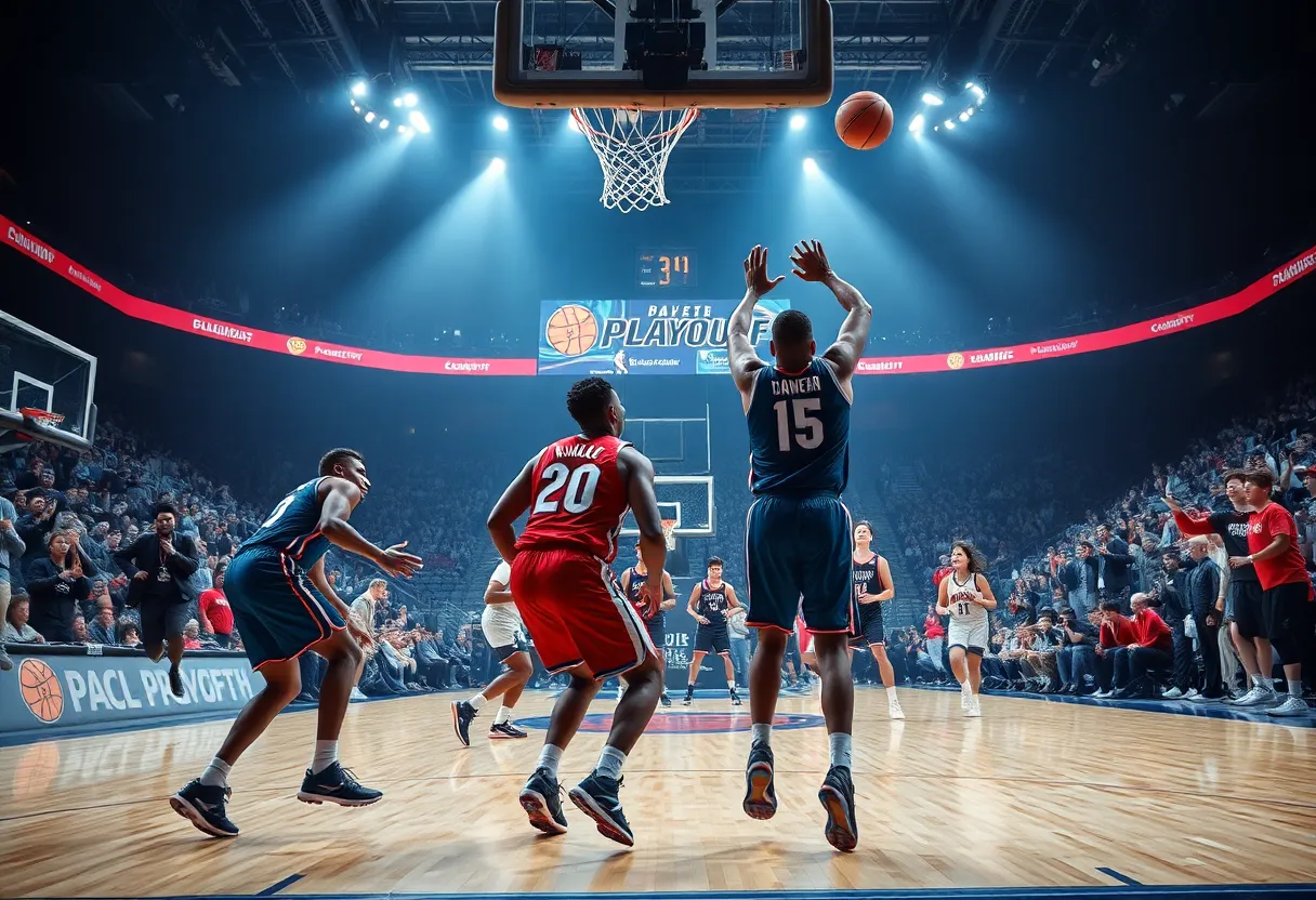 Basketball players competing fiercely in a playoff game between Indiana Fever and Atlanta Dream.