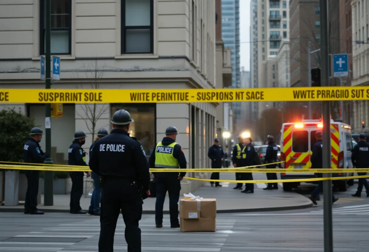 Police and emergency responders investigating a suspicious package at the Israeli Consulate in Atlanta.