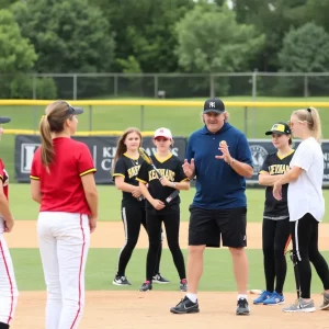 Young athletes training on a softball field with Kennesaw State University branding
