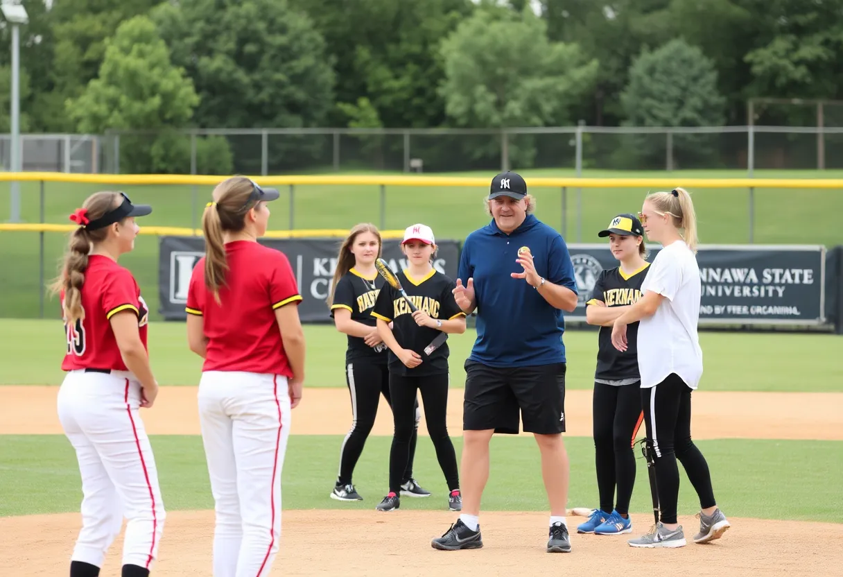 Young athletes training on a softball field with Kennesaw State University branding