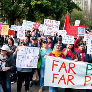 Workers protesting for fair pay in Woodruff Park, Atlanta