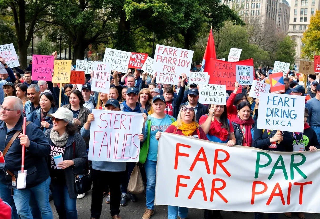 Workers protesting for fair pay in Woodruff Park, Atlanta