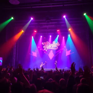 Crowd enjoying a concert with colorful lights in the background