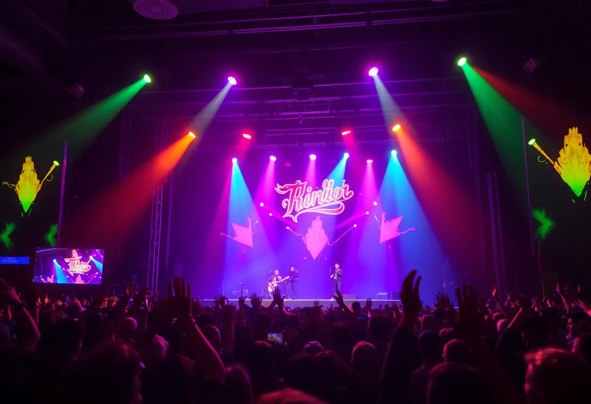 Crowd enjoying a concert with colorful lights in the background