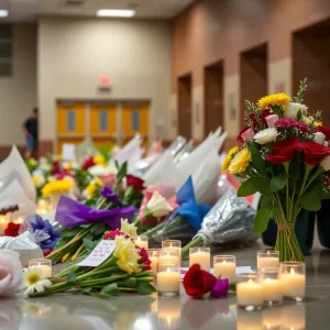 Memorial flowers and candles at Apalachee High School