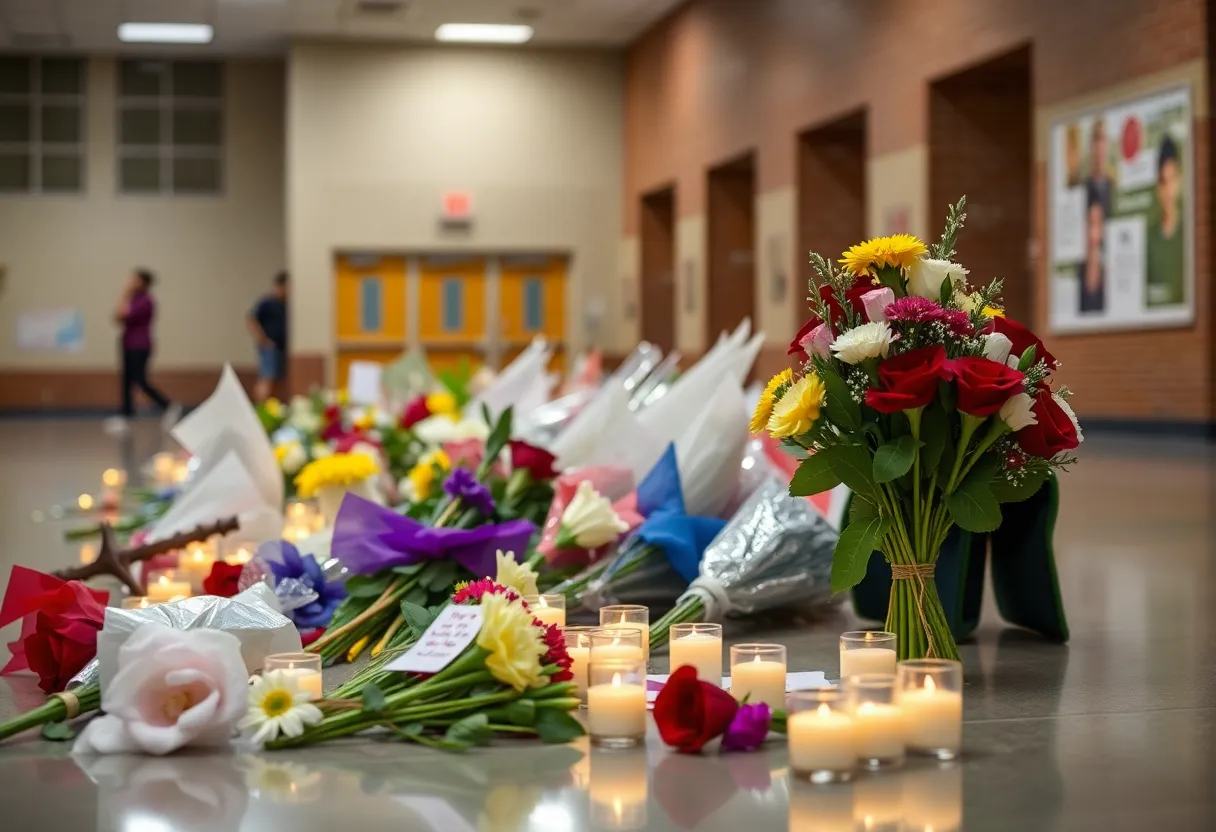 Memorial flowers and candles at Apalachee High School