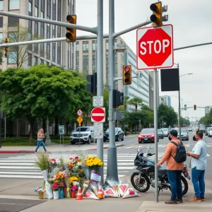 Community memorial for a young motorcyclist at an intersection
